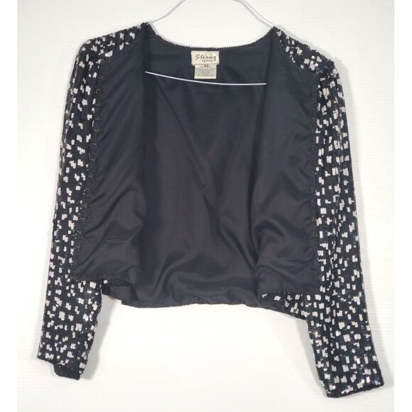Vintage Stenag  Black and White Sequin Silk Bolero Evening Jacket Sz P S 1599 - Picture 7 of 12